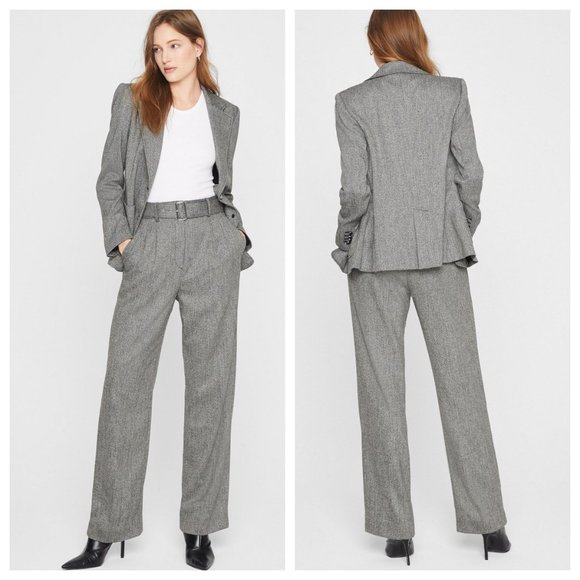 Club Monaco Belted Herringbone Wool-blend Wide Leg Pants - Picture 1 of 5